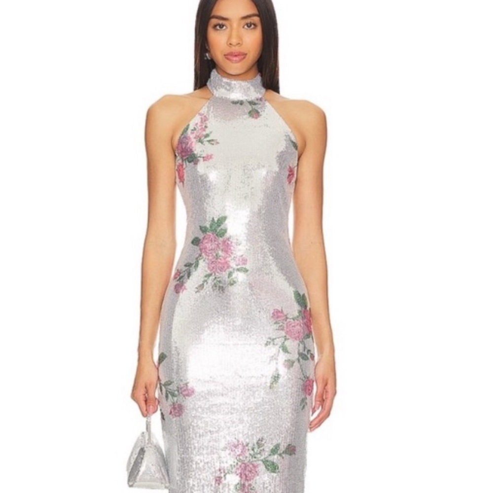 Camila Coelho Silver Strapless Dress with Pink Floral Design